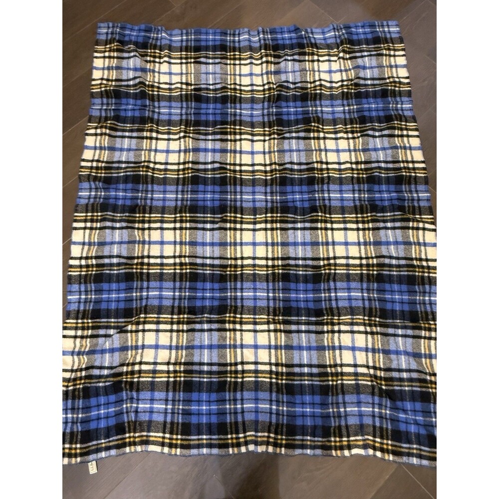 Vintage LL BEAN Wool Blanket Plaid Blue Yellow Cabin Cottage 72x56” Freeport, ME